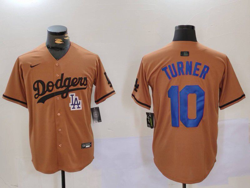 Men Los Angeles Dodgers 10 Turner army green joint name 2024 Nike MLB Jersey style 2